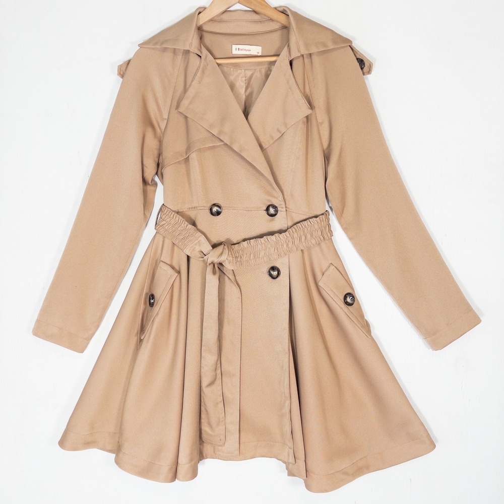 Italia Gogo Belted Trench Coat Womens M Tan Classic Jacket